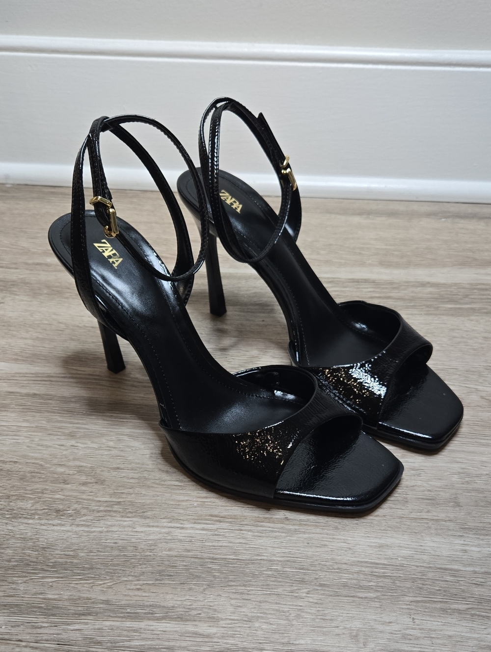 Zara Black Patent Leather Stiletto Ankle-Strap Sandals
